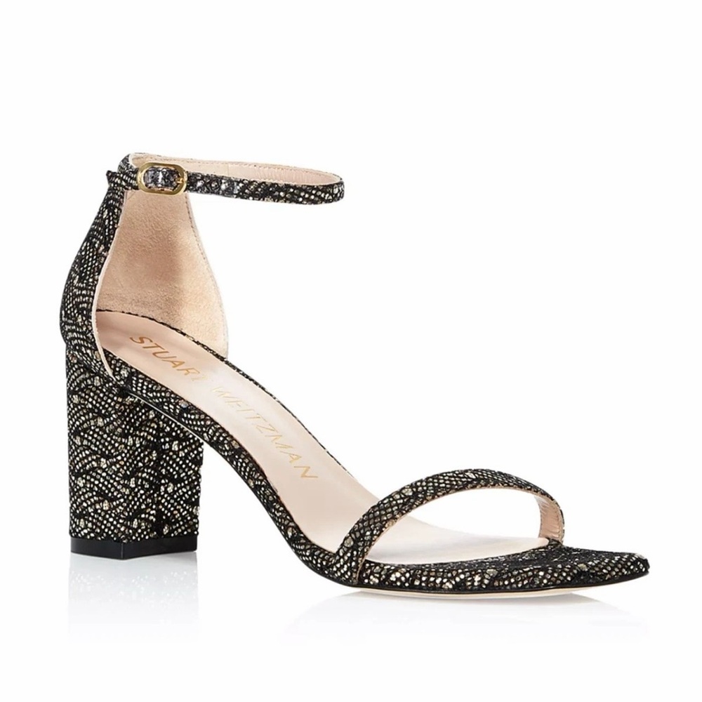 Stuart Weitzman Amelina Block Heel Sandals Ankle Strap Black Gold Sparkle 6 36.5
